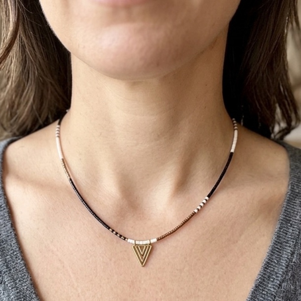 Geometric V-Pendant Beaded Mixed Metal Choker Necklace